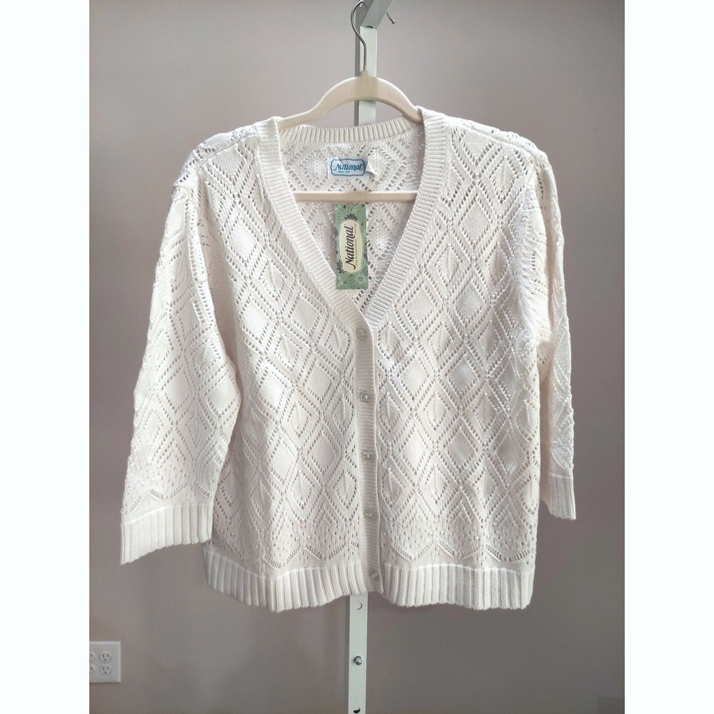 NWT Pointelle Knit Cotton Cardigan Sweater PL Cottagecore Grandma Minimal Classy